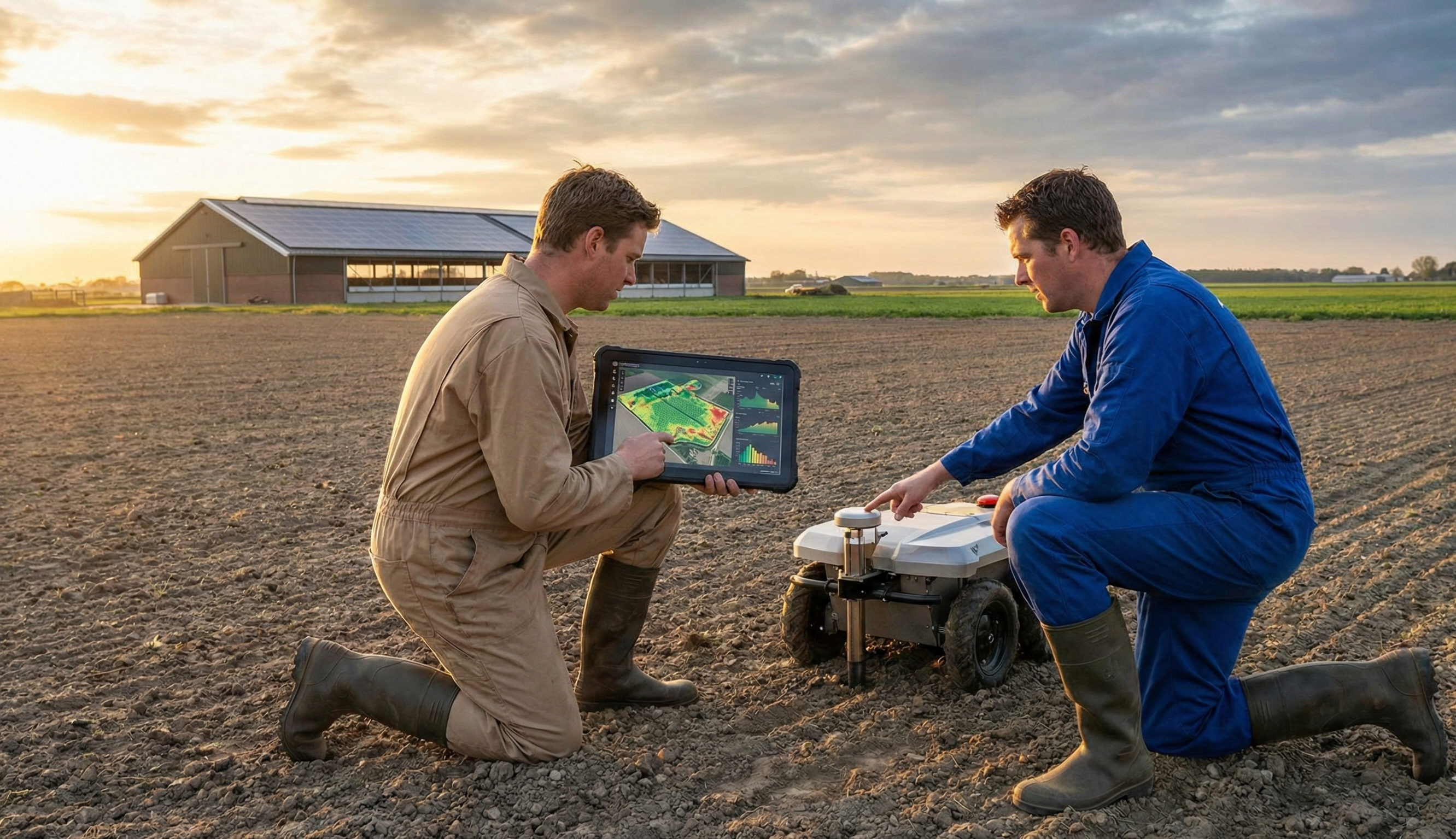 A farmer using a tablet in a green field.